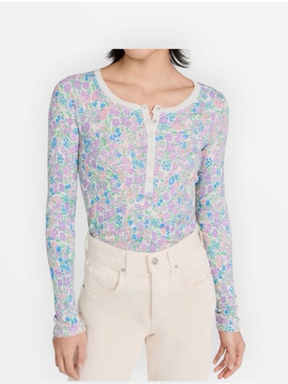 Sundry Lavender Floral Henley Long Sleeve Top